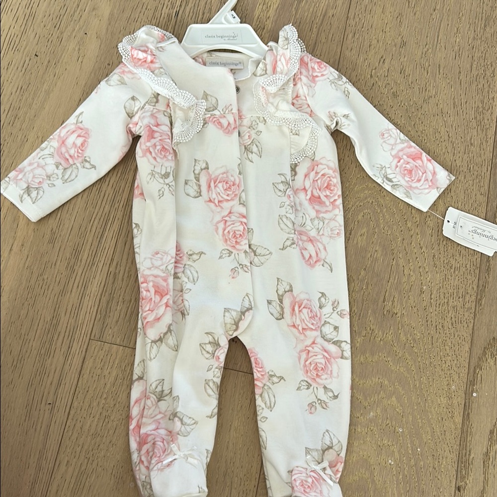 Cream and Pink Floral Footies One Piece